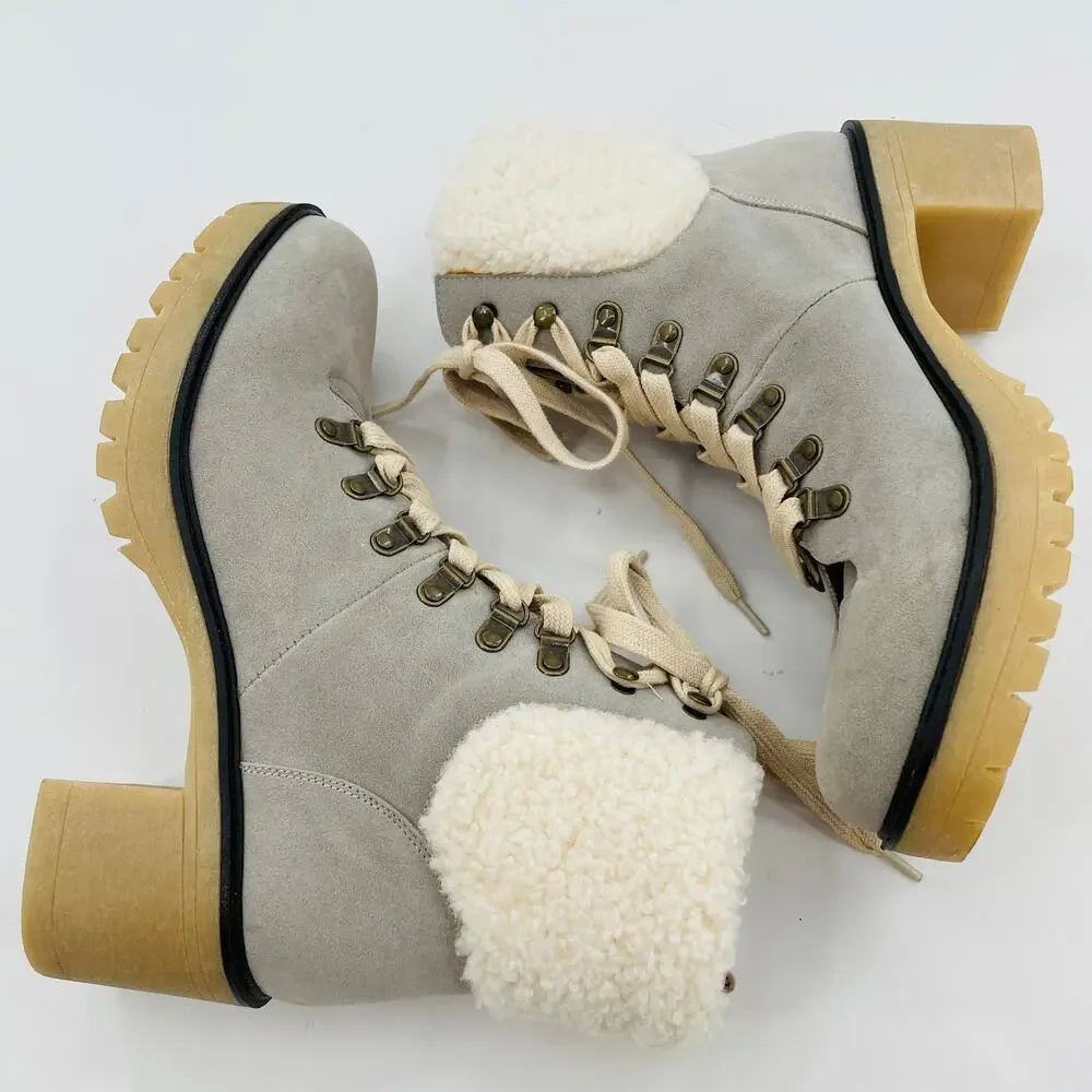 Oasis Society Gray Faux Suede Lace Up Chunky Heel Combat Military Boots 10 - Picture 11 of 14